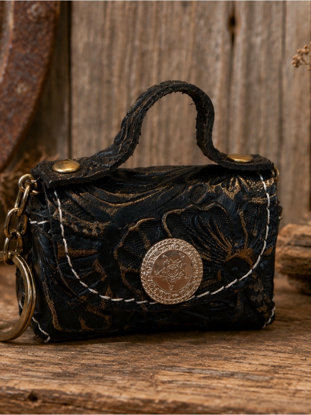 Leather Embossed Mini Bag Keychain - Black